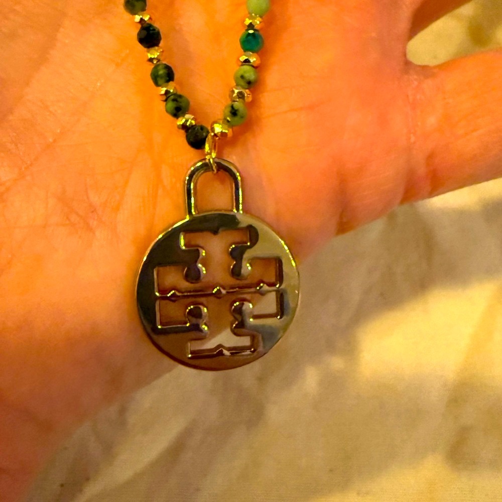 African Jasper Gemstones, 14k Gold Plated Hematite Bracelet w/ Tory Burch Charm